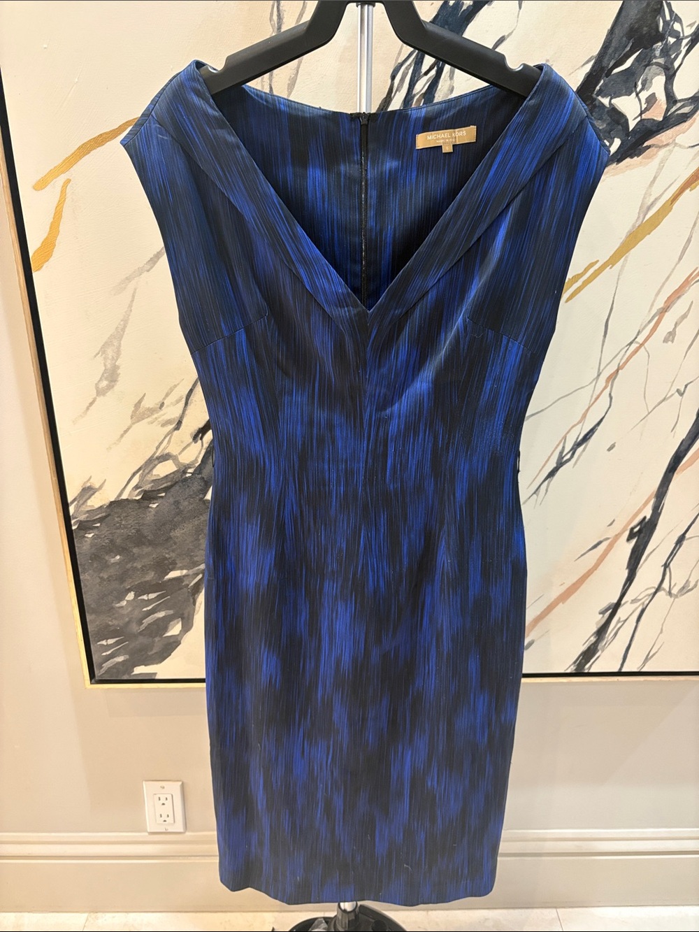 Michael Kors Electric Blue & Black V-Neck Midi Sheath Dress